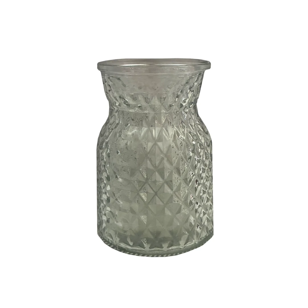 Decorative clear glass vase with a diamond-cut, textured pattern and an open top.